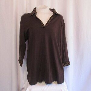 Catherines Shirt 1X Brown Leopard Animal Print Trim Long Sleeve Top